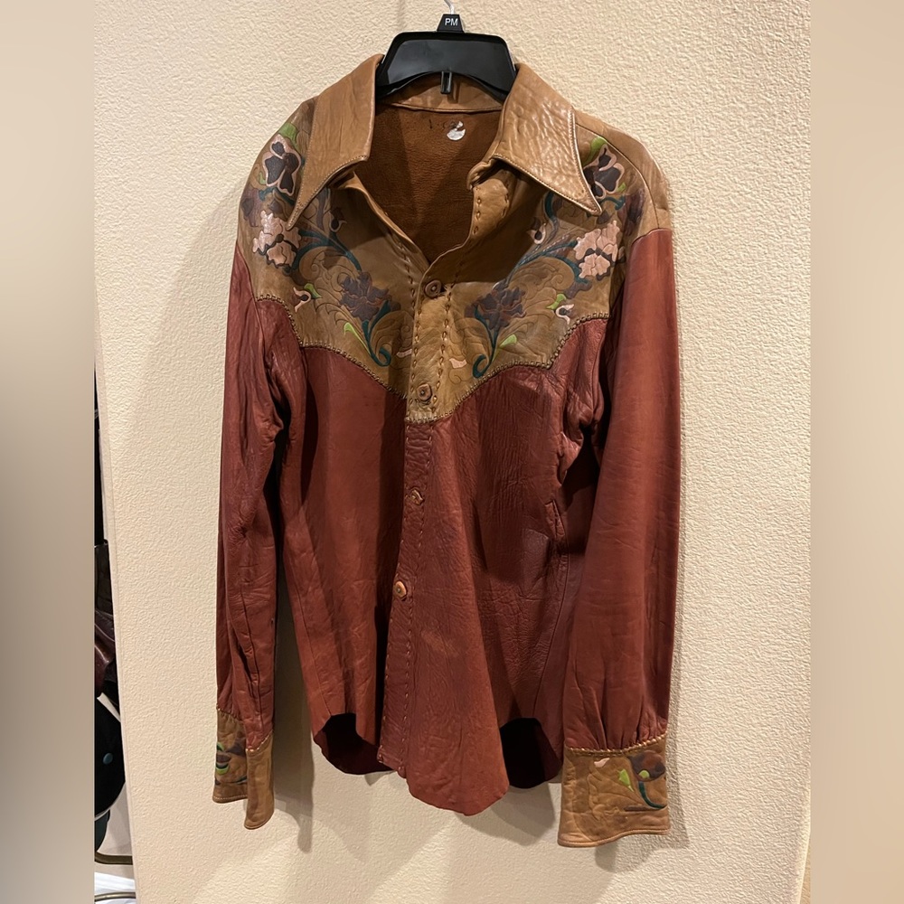 Vintage 70s Custom Leather Long Sleeve Button Up